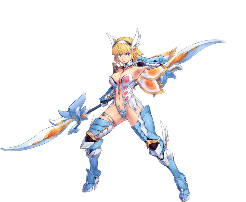 1girl armor armored_boots bikini_armor blonde_hair blue_eyes boots breasts cynthia_(sennen_sensou_aigis) full_body gloves head_wings high_heels holding holding_weapon looking_at_viewer medium_breasts navel official_art sennen_sensou_aigis short_hair solo thigh-highs thigh_boots transparent_background uchiu_kazuma weapon wide_stance