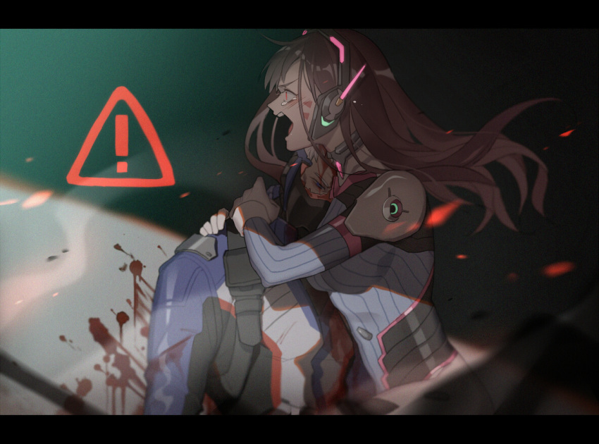 ! 1boy 1girl a821 bangs blood blood_on_face blood_on_wall bloody_clothes bodysuit bracer breasts broken_mask brown_eyes brown_hair covered_mouth d.va_(overwatch) dying face_mask facepaint facial_mark from_side gloves headphones hug injury jacket letterboxed long_hair long_sleeves mask medium_breasts open_mouth overwatch pauldrons pilot_suit profile purple_bodysuit ribbed_bodysuit sad short_hair shoulder_pads sitting skin_tight soldier:_76_(overwatch) tears teeth tongue upper_body visor whisker_markings white_gloves white_hair