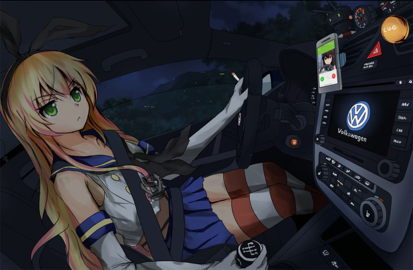 2girls :&lt; blonde_hair bow car car_interior cellphone cigarette clouds commentary copyright_name crop_top dark driving dutch_angle elbow_gloves frown fubuki_(kantai_collection) gloves grey_eyes ground_vehicle hair_bow headband hill kantai_collection logo long_hair motor_vehicle multiple_girls neckerchief night phone pleated_skirt rensouhou-chan serious shimakaze_(kantai_collection) sitting skirt smartphone striped striped_legwear thigh-highs tianyu_jifeng tree volkswagen
