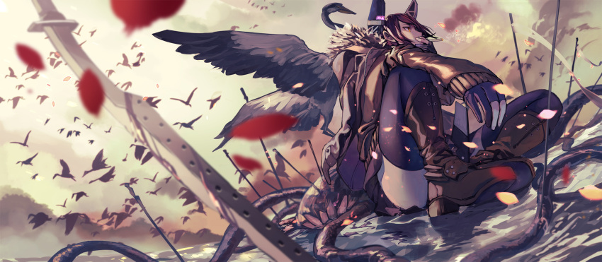 1girl after_battle bird black_gloves black_legwear blood bloody_weapon boots brown_boots brown_jacket cigarette clouds embellished_costume flag fujita_(condor) gloves headgear highres kantai_collection long_sleeves looking_away ocean partly_fingerless_gloves petals planted_sword planted_weapon purple_hair seagull sitting smoking sword tenryuu_(kantai_collection) thigh-highs weapon wo-class_aircraft_carrier yellow_eyes