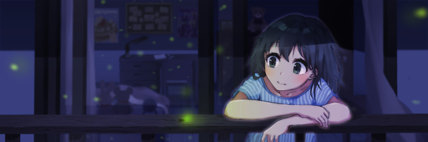 1girl balcony black_hair bulletin_board chest_of_drawers collarbone commentary_request curtains desk desk_lamp eyebrows_visible_through_hair fireflies firefly green_eyes lamp maruhana original shirt short_sleeves solo striped striped_shirt