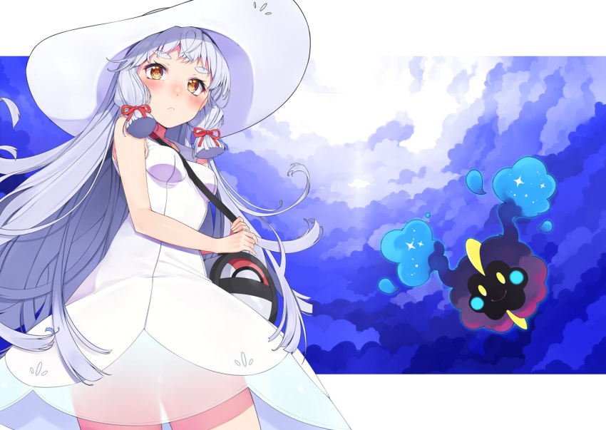 &gt;:&lt; 1girl bag bare_arms blush breasts closed_mouth collared_dress commentary_request cosmog cosplay dress duffel_bag hair_ribbon handbag hat kantai_collection lavender_hair light_brown_eyes lillie_(pokemon) lillie_(pokemon)_(cosplay) long_hair murakumo_(kantai_collection) nezumi_doshi orange_eyes poke_ball_theme pokemon pokemon_(game) pokemon_sm ribbon sleeveless sleeveless_dress small_breasts solo sun_hat sundress thick_eyebrows tress_ribbon white_dress white_hair white_hat