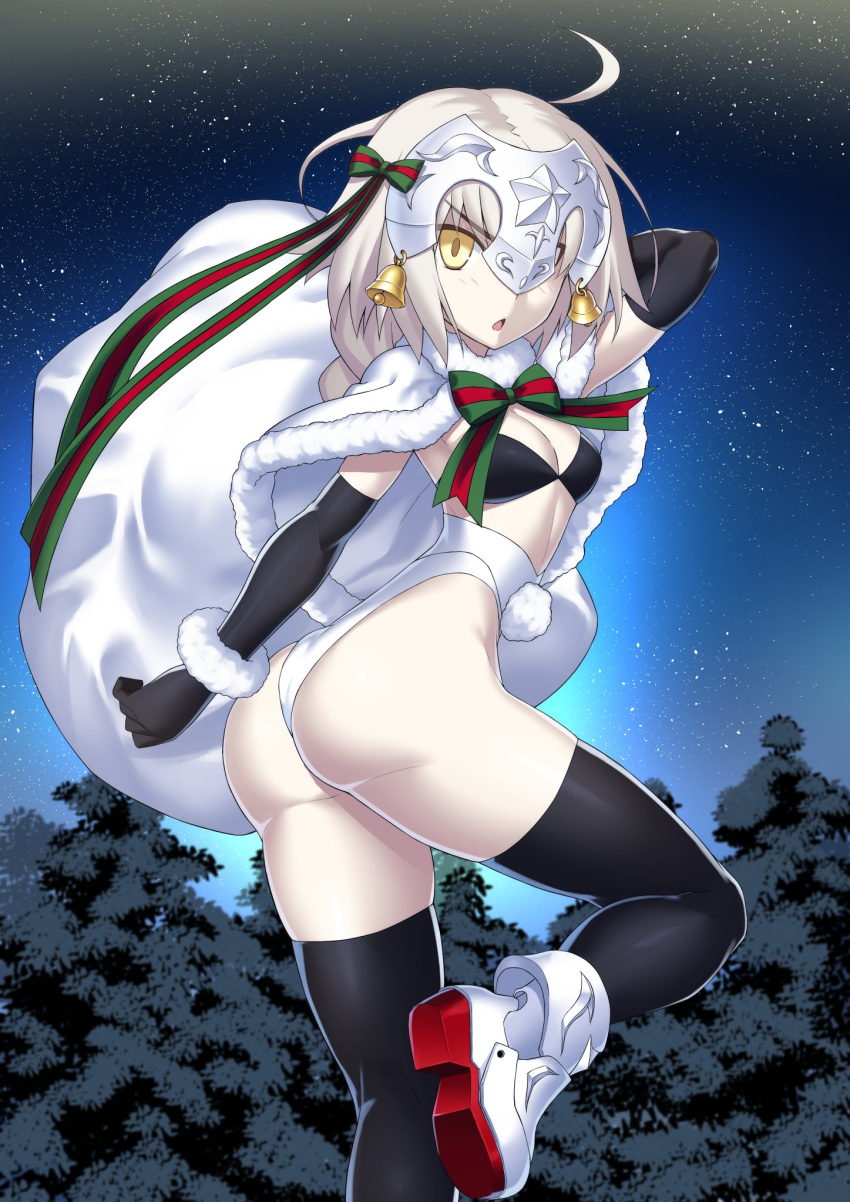 1girl ass black_gloves black_legwear blonde_hair bnc_(bunshi) christmas elbow_gloves fate/grand_order fate_(series) gloves hair_ribbon headpiece highres jeanne_alter jeanne_alter_(santa_lily)_(fate) long_hair looking_at_viewer panties ribbon ruler_(fate/apocrypha) solo thigh-highs underwear white_panties yellow_eyes