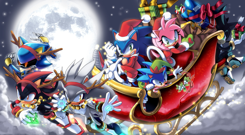 amy_rose antlers box chaos_emerald christmas drawloverlala gift gift_box hat highres mephiles metal_sonic moon night night_sky reindeer_antlers santa_costume santa_hat shadow_the_hedgehog silver_the_hedgehog sky sleigh snow sonic sonic_the_hedgehog star_(sky) starry_sky