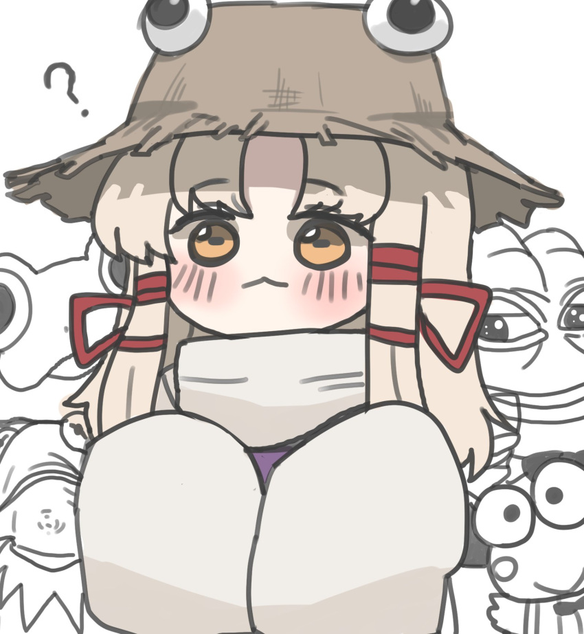1girl :&lt; ? bangs blonde_hair blush character_request commentary_request eyebrows_visible_through_hair frog hair_ribbon hat highres kermit_the_frog korean_commentary long_sleeves medium_hair moriya_suwako orange_eyes parted_bangs pepe_the_frog purple_vest red_ribbon ribbon shirt sidelocks simple_background sleeves_past_fingers sleeves_past_wrists solo_focus sonic2452 touhou turtleneck vest white_background white_shirt wide_sleeves