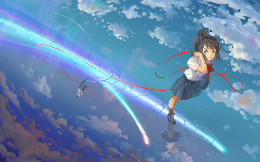 1boy 1girl alphonse_(white_datura) black_hair blue_skirt bow bowtie brown_eyes clouds cloudy_sky collared_shirt hands_in_pockets highres kimi_no_na_wa loafers miyamizu_mitsuha pleated_skirt ponytail red_bow red_bowtie red_string reflection school_uniform shirt shoes short_sleeves skirt sky socks standing string tachibana_taki white_shirt