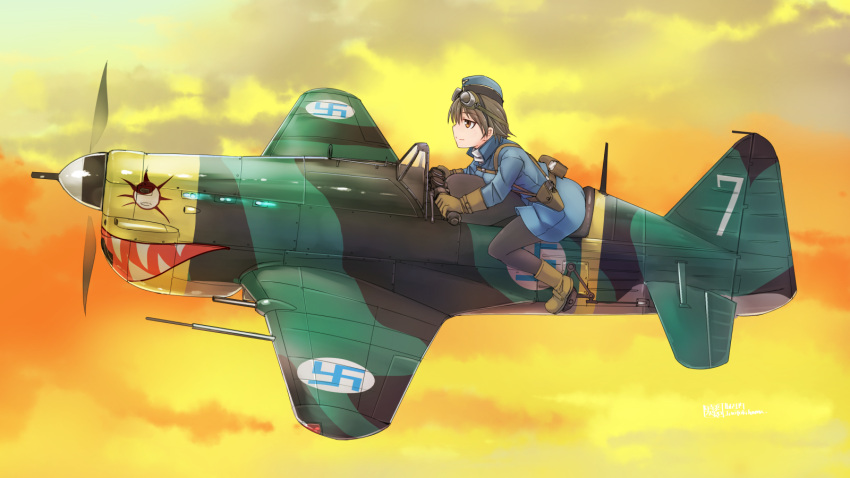 1girl above_clouds aircraft airplane artist_name belt belt_pouch black_legwear boots brown_eyes brown_hair camouflage clouds cloudy_sky coat commentary dated emblem flying garrison_cap gloves goggles goggles_on_head gun handgun hat highres holster long_sleeves looking_to_the_side morane-saulnier_ms.406 number original pantyhose pistol propeller short_hair signature sky solo sunset swastika tokihama_jirou weapon