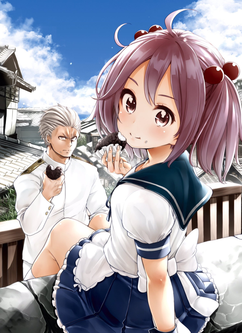 1boy 1girl admiral_(kantai_collection) against_railing ahoge apron blue_skirt blue_sky blush building clouds day eating food from_behind hair_bobbles hair_ornament highres holding holding_food house kneehighs long_sleeves looking_at_viewer looking_back military military_uniform naval_uniform outdoors pink_hair pleated_skirt puffy_short_sleeves puffy_sleeves railing sazanami_(kantai_collection) school_uniform serafuku short_sleeves short_twintails silver_hair sitting skirt sky soborou sweets tareme town twintails uniform waist_apron white_apron white_legwear wrist_cuffs