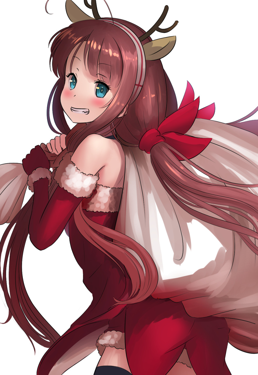 1girl alternate_costume antlers ao_iro aqua_eyes bangs bare_shoulders blush dress elbow_gloves from_behind gloves grin hair_ribbon hairband hat highres kantai_collection kawakaze_(kantai_collection) leaning_forward looking_at_viewer off-shoulder_dress off_shoulder red_dress red_gloves redhead reindeer_antlers ribbon sack santa_costume santa_hat single_glove smile solo thigh-highs thighs twintails upper_body