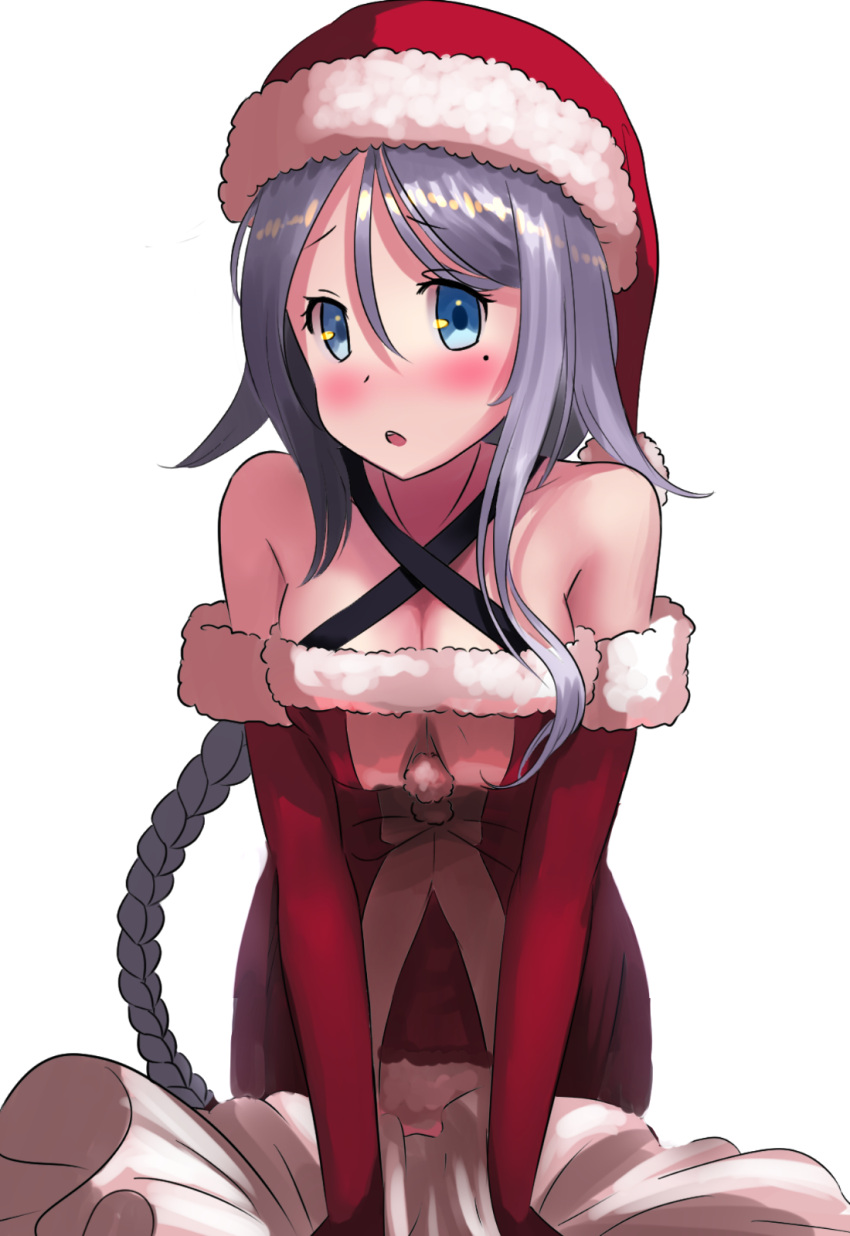 1girl alternate_costume ao_iro bare_shoulders blue_eyes blush breasts criss-cross_halter detached_sleeves dress elbow_gloves gloves hair_between_eyes hair_flaps halter_top halterneck hat head_tilt highres kantai_collection leaning_forward looking_at_viewer medium_breasts miniskirt mole mole_under_eye off-shoulder_dress off_shoulder open_mouth pom_pom_(clothes) red_clothes santa_costume santa_hat silver_hair skirt solo umikaze_(kantai_collection) upper_body