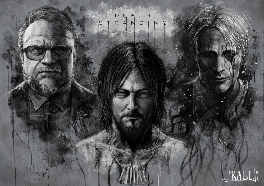 3boys absurdres beard death_stranding facial_hair glasses guillermo_del_toro highres mads_mikkelsen male_focus monochrome multiple_boys norman_reedus surgical_scar thugkali title upper_body