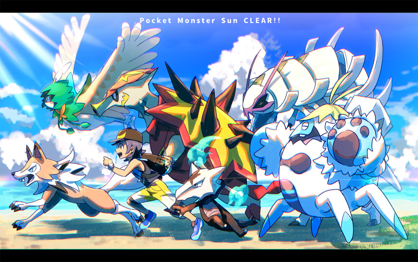 1boy alola_form alolan_marowak backpack bag baseball_cap black_hair blue_fire blue_sky clouds crabominable dark_skin dark_skinned_male decidueye fire golisopod grass hat letterboxed light_rays lycanroc male_focus male_protagonist_(pokemon_sm) marowak ocean pokemon pokemon_(creature) pokemon_(game) pokemon_sm running shinonoko_(tubamecider) shoes sky smile sneakers sunbeam sunlight tank_top turtonator yellow_eyes z-ring