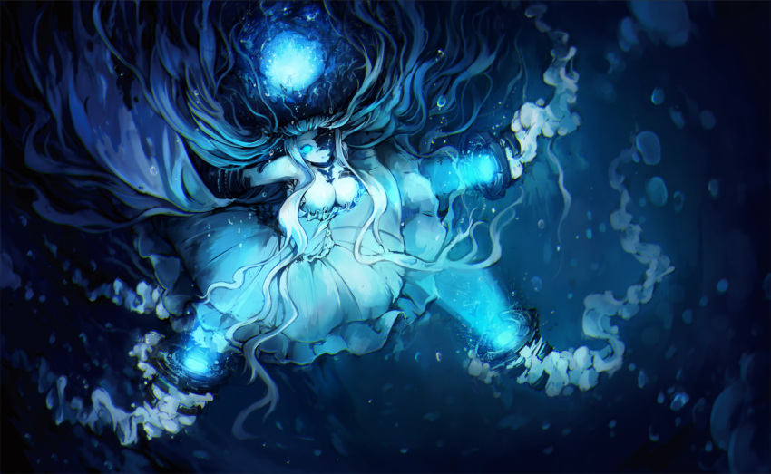 1girl abyssal_jellyfish_hime air_bubble blue_eyes breasts cleavage dress eyepatch glowing glowing_eyes hat highres kajaneko kantai_collection large_breasts long_hair shinkaisei-kan solo underwater very_long_hair white_hair