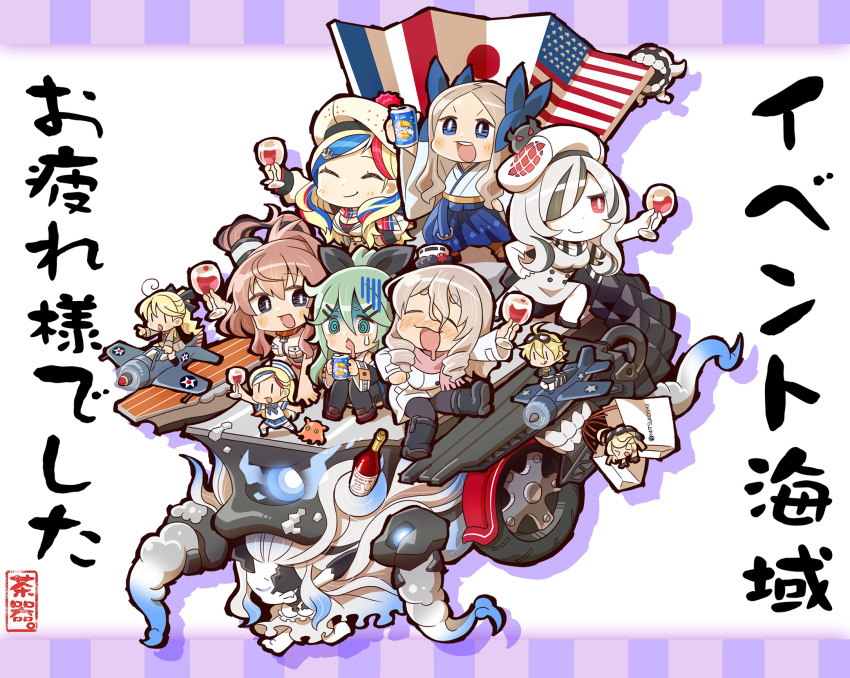 6+girls @_@ abyssal_jellyfish_hime aircraft airplane alcohol asakaze_(kantai_collection) beret blonde_hair blue_eyes blue_hair bottle brown_hair can car chaki_(teasets) chibi closed_eyes commandant_teste_(kantai_collection) cup damage_control_crew_(kantai_collection) drinking_glass drooling fairy_(kantai_collection) fan flight_deck green_hair ground_vehicle hat highres japanese_clothes kantai_collection kimono long_hair meiji_schoolgirl_uniform motor_vehicle multicolored_hair multiple_girls orangina pola_(kantai_collection) product_placement redhead riding saratoga_(kantai_collection) seaplane_tender_water_hime shinkaisei-kan silver_hair soda_can tentacle wacky_races white_hair wine wine_bottle wine_glass yamakaze_(kantai_collection)