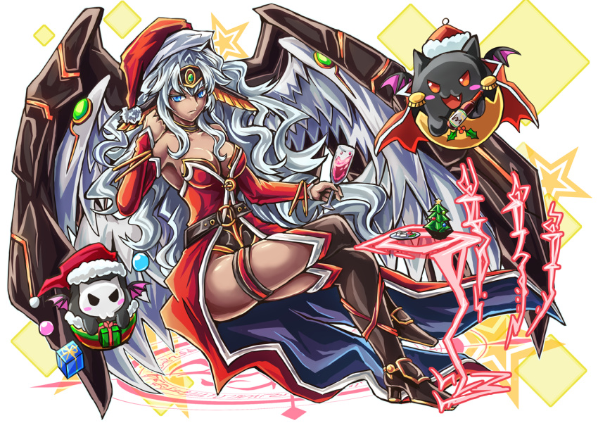 1girl alternate_headwear belt blue_eyes boots box bracelet breasts cape champagne_flute chibidra christmas_tree circlet cleavage cup dark_angel_metatron_(p&amp;d) dark_skin dashinoya demon_wings detached_sleeves drinking_glass epaulettes feathered_wings floating frown gift gift_box hat head_wings holly jewelry king_devitama_(p&amp;d) knee_boots large_breasts legs_crossed long_hair looking_at_viewer magic_circle mask multiple_wings plate puzzle_&amp;_dragons santa_costume santa_hat silver_hair star thigh_strap wavy_hair wings
