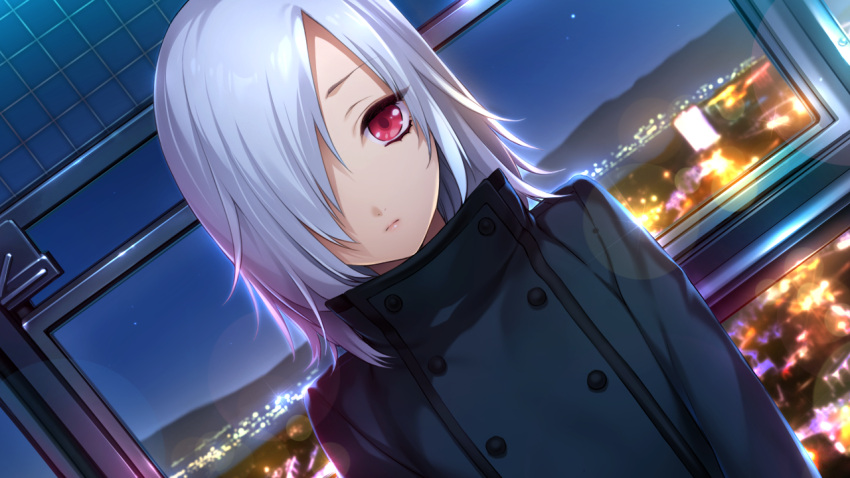 1girl akeiro_kaikitan city_lights dutch_angle game_cg hair_over_one_eye jacket looking_at_viewer red_eyes silver_hair solo sumeragi_kohaku velvet_(akeiro_kaikitan)