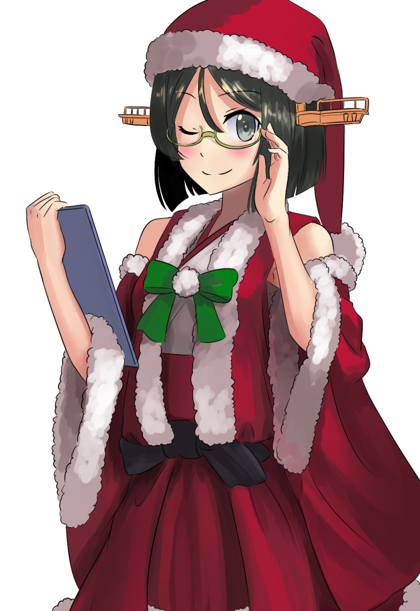 1girl _eyes adapted_costume adjusting_glasses alternate_costume ao_iro bare_shoulders black_hair blush detached_sleeves glasses grey_eyes hat highres kantai_collection kirishima_(kantai_collection) one_eye_closed santa_costume santa_hat short_hair smile solo white_background wide_sleeves