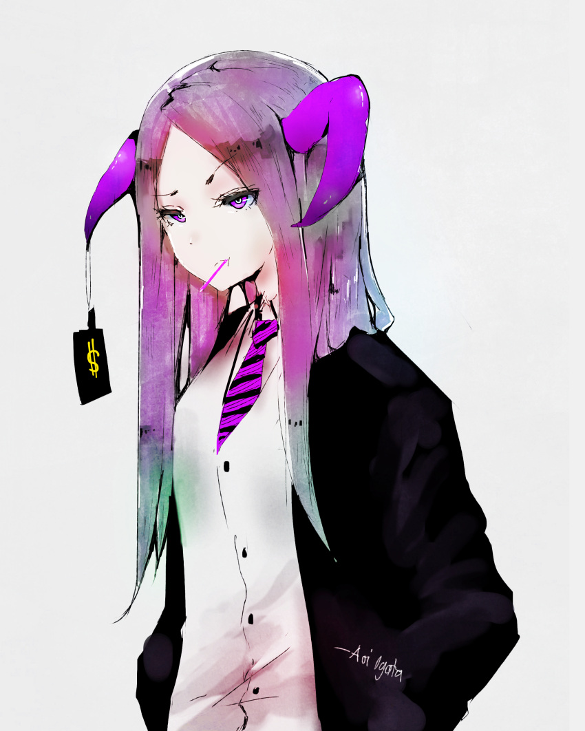 1girl absurdres aoi_ogata artist_name bangs buttons candy commentary demon_girl demon_horns dress dress_shirt food hands_in_pockets highres horns jacket lollipop long_hair long_sleeves mouth_hold necktie open_clothes open_jacket original parted_bangs price_tag purple_hair purple_necktie shirt solo striped striped_necktie violet_eyes