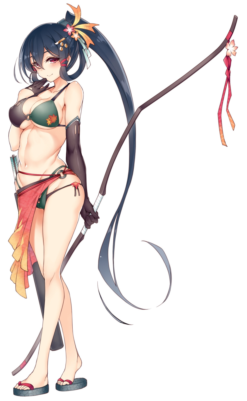 1girl arrow asymmetrical_gloves bikini black_hair blush breasts cleavage feet flower full_body gloves hair_flower hair_ornament hand_on_own_face highres holding_bow_(weapon) long_hair looking_at_viewer mole mole_under_eye navel o-ring o-ring_bikini o-ring_bottom o-ring_top quiver red_eyes sandals sarong shirohime_quest simple_background skindentation smile solo strap_gap swimsuit toes very_long_hair white_background yuu_(amadoki)