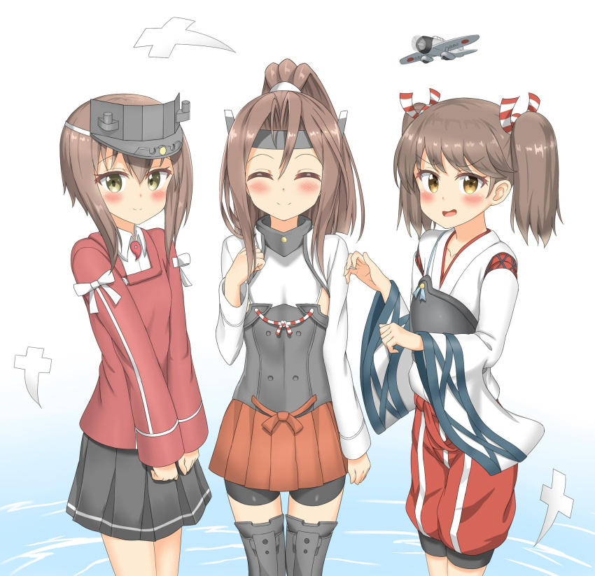 brown_hair cosplay costume_switch flat_chest hair_ribbon highres japanese_clothes kantai_collection kariginu muneate nedia_r ponytail ribbon ryuujou_(kantai_collection) ryuujou_(kantai_collection)_(cosplay) taihou_(kantai_collection) taihou_(kantai_collection)_(cosplay) trait_connection twintails visor_cap zuihou_(kantai_collection) zuihou_(kantai_collection)_(cosplay)