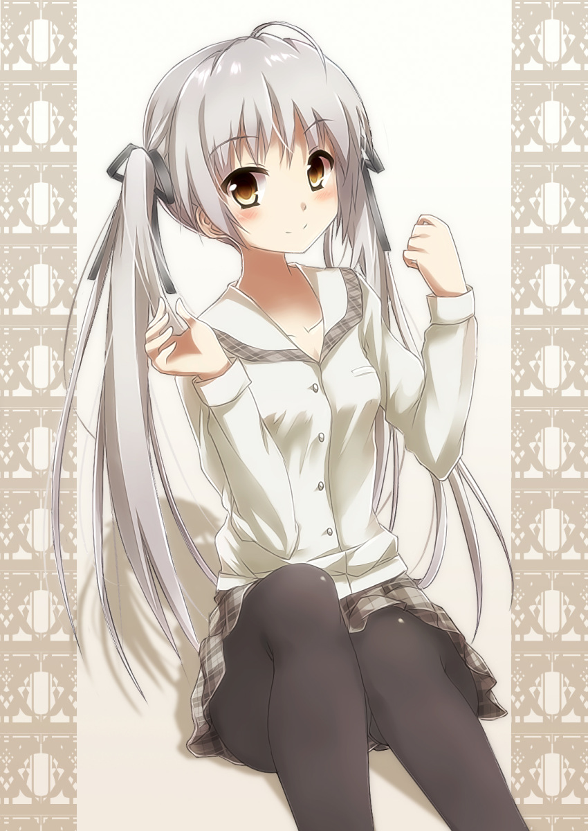 1girl ahoge black_legwear black_ribbon breasts cleavage collarbone eyebrows_visible_through_hair hair_ribbon highres icyfox kasugano_sora long_hair looking_at_viewer pantyhose pleated_skirt ribbon shirt silver_hair skirt small_breasts smile solo twintails white_shirt yellow_eyes yosuga_no_sora