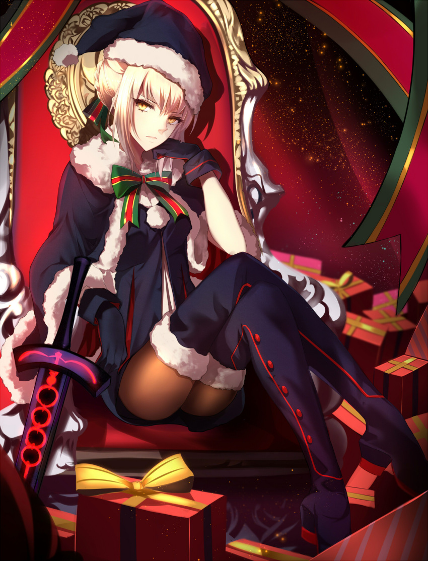 blonde_hair boots bored capelet chair fate_(series) fur_trim gift gloves half-closed_eyes highres legs_crossed looking_at_viewer pale_skin pantyhose saber saber_alter shiguru sitting thigh-highs thigh_boots yellow_eyes