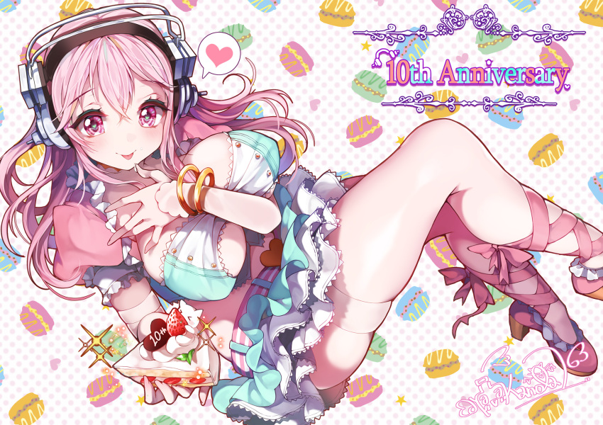 1girl blush breasts cake cleavage detached_sleeves finger_licking food fruit headphones heart heart-shaped_pupils highres kanola_u large_breasts licking long_hair looking_at_viewer nitroplus pink_eyes pink_hair shortcake skindentation slice_of_cake smile solo spoken_heart strawberry strawberry_shortcake super_sonico symbol-shaped_pupils thigh-highs under_boob