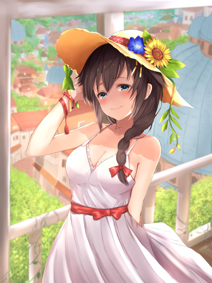 1girl arms_behind_back bangs bare_shoulders black_hair blue_eyes blue_flower blush bracelet braid breasts building choker city cleavage closed_mouth day dome dress eyebrows_visible_through_hair flower hair_ornament hair_ribbon hand_on_headwear hat hat_flower head_tilt highres jewelry kantai_collection long_hair looking_at_viewer maosame medium_breasts outdoors plant railing red_ribbon ribbon sash shade shigure_(kantai_collection) single_braid sleeveless sleeveless_dress smile solo straw_hat string sundress sunflower tassel upper_body vines white_dress yellow_flower
