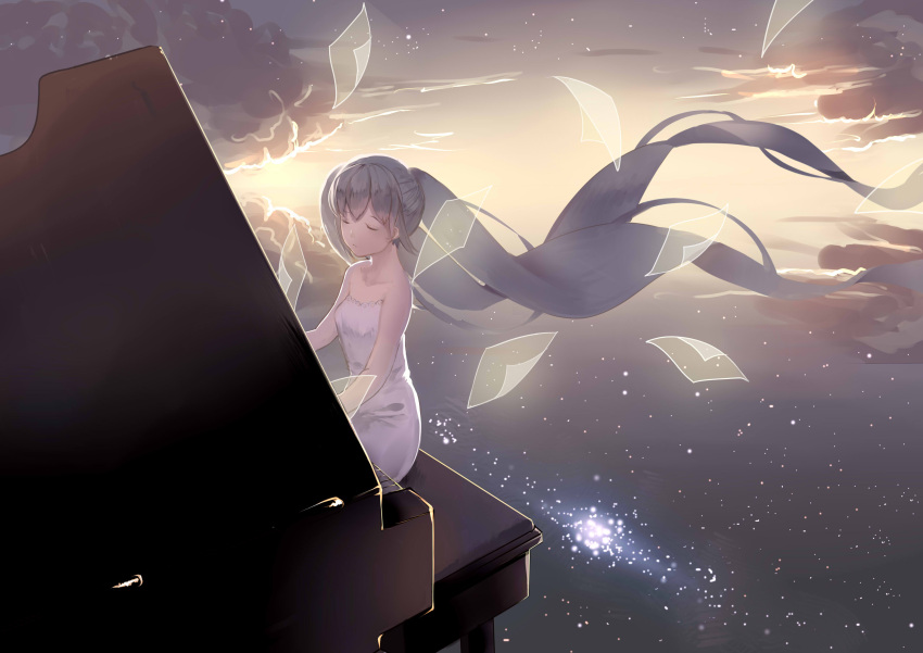 1girl absurdly_long_hair absurdres bare_shoulders closed_eyes collarbone dress floating_hair grey_hair hatsune_miku highres instrument long_hair music piano playing_instrument sitting sleeveless sleeveless_dress solo strapless strapless_dress tadatsu twintails very_long_hair vocaloid white_dress