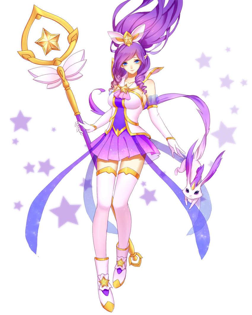 1girl alternate_costume blue_eyes boots elbow_gloves floating_hair gloves hair_ornament highres janna_windforce kezi league_of_legends long_hair looking_at_viewer magical_girl pointy_ears purple_hair skirt smile solo staff star star_guardian_janna thigh-highs zephyr_(league_of_legends)