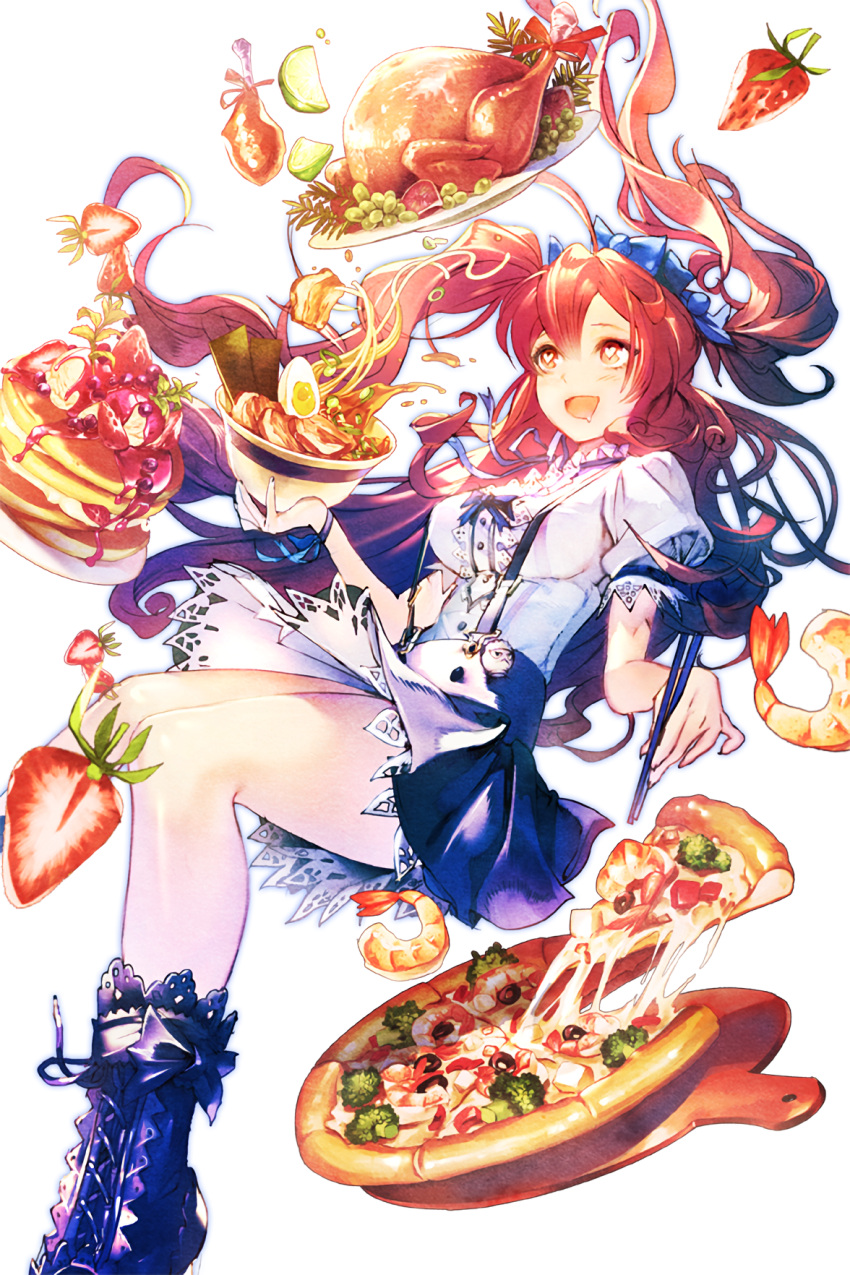 1girl alternate_costume bird blue_bow blue_dress blue_shoes blueberry bow bowl broccoli chicken chopsticks dress food fruit full_body hair_bow highres holding_bowl jury_(soccer_spirits) lime long_hair noodles olive open_mouth pancake pizza plate ramen redhead shoes shrimp soccer_spirits solo stack_of_pancakes strawberry twintails