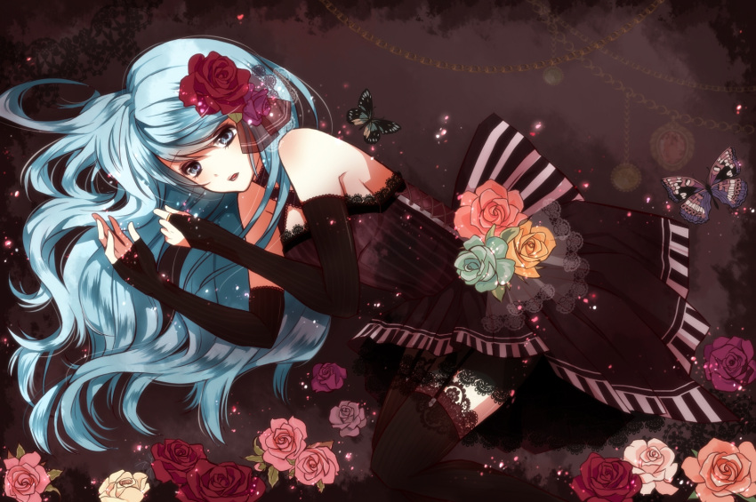 1girl an-mar bad_id black_dress black_legwear blue_eyes blue_hair detached_sleeves dress flower garter_straps hair_flower hair_ornament hatsune_miku highres long_hair lying on_side red_flower solo thigh-highs tsukumo_(an-mar) vocaloid