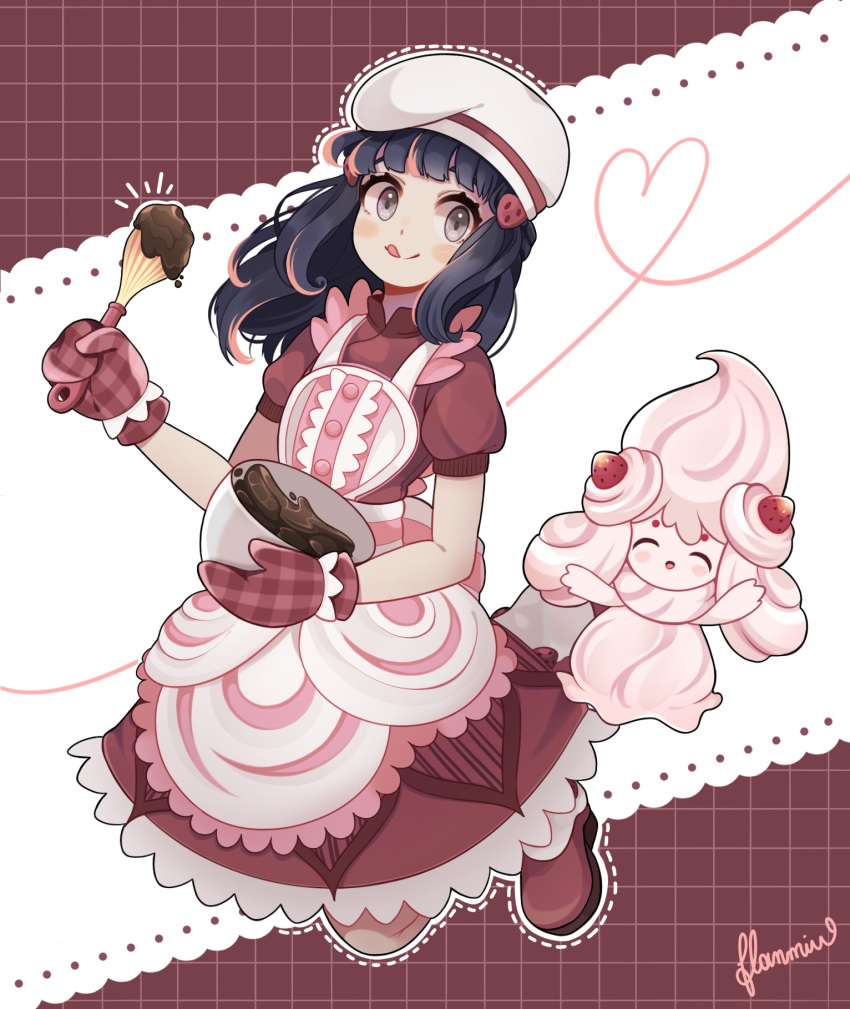 1girl alcremie alcremie_(strawberry_sweet) bangs black_hair blush chef_hat chocolate commentary hikari_(pokemon) dress eyelashes flanmiu gen_8_pokemon grey_eyes hat heart highres holding holding_whisk mixing_bowl multicolored_hair orange_hair oven_mitts pokemon pokemon_(creature) pokemon_(game) pokemon_masters_ex red_dress red_mittens shoes short_sleeves signature smile streaked_hair tongue tongue_out white_headwear