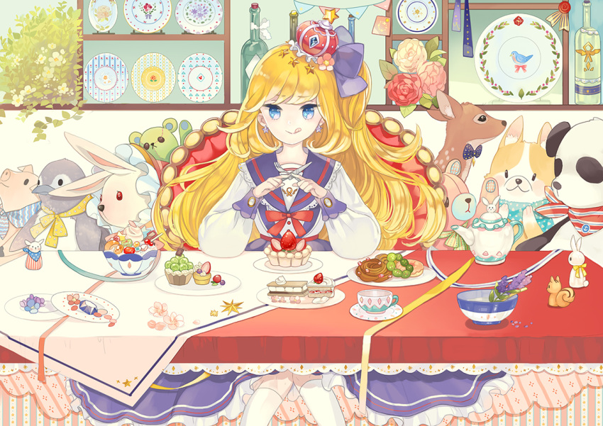 :q banner blonde_hair blue_eyes bottle bow butter_knife cake candy crown cup doughnut dress eating flower food fork fruit fruit_tart gem hair_bow half_updo holding holding_fork holding_knife knife long_hair long_sleeves looking_at_viewer mig_(36th_underground) mini_crown original parfait plate ribbon sailor_dress silverware sitting stuffed_animal stuffed_bunny stuffed_deer stuffed_dog stuffed_panda stuffed_penguin stuffed_pig stuffed_toy table tablecloth tart_(food) teacup teapot teddy_bear throne tongue tongue_out toy