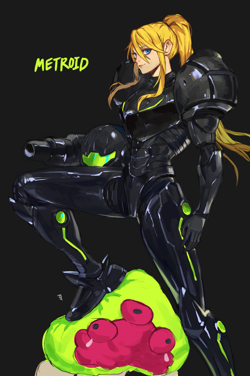 1girl absurdres alternate_color arm_cannon armor bangs blonde_hair blue_eyes gun highres hotke long_hair looking_at_viewer metroid metroid_(creature) metroid_dread mole mole_under_mouth ponytail power_armor power_suit samus_aran science_fiction simple_background solo weapon
