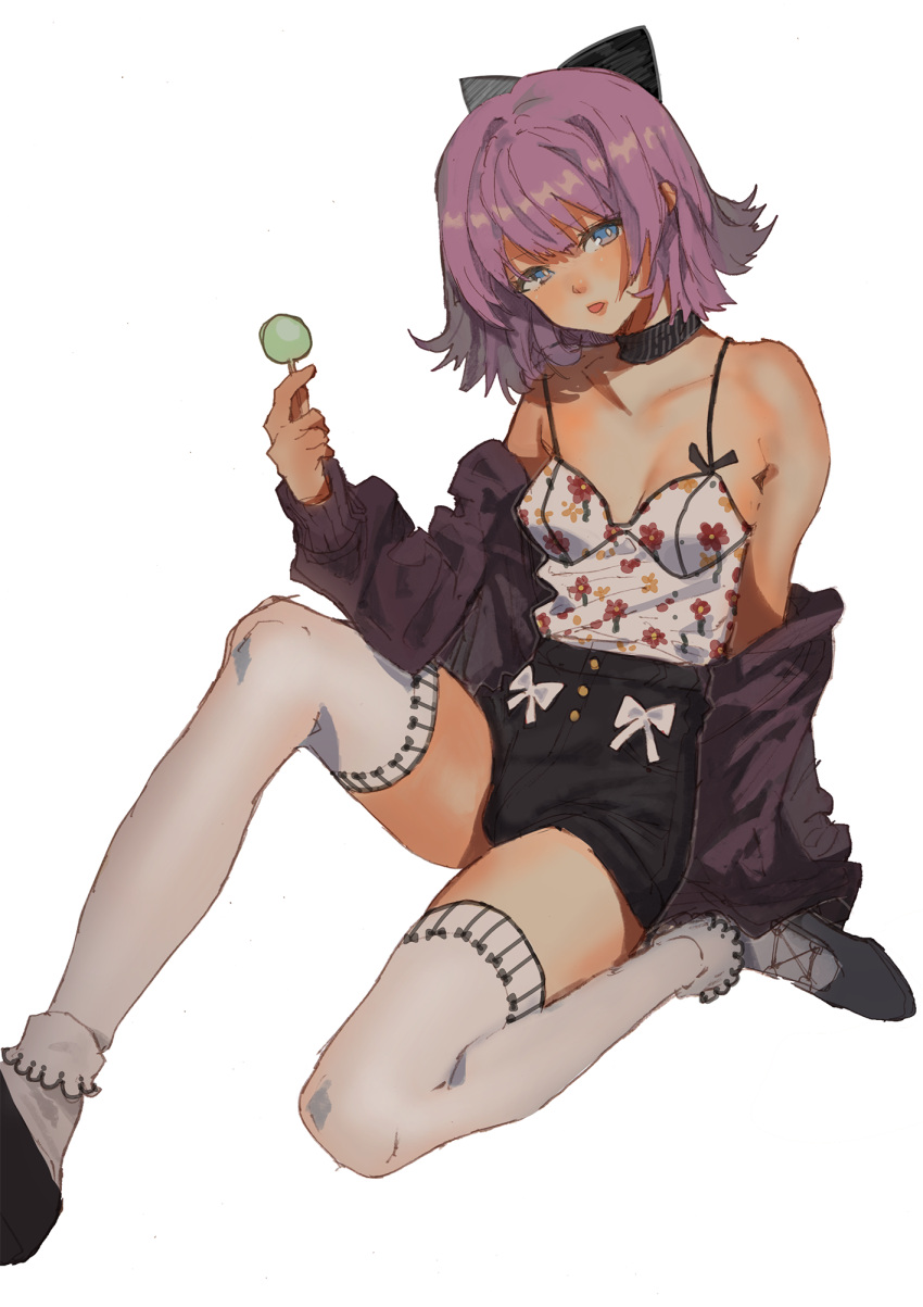 1girl aruterra bare_shoulders blue_eyes bow breasts candy food hair_bow high_waisted_pants highres lollipop looking_at_viewer off_shoulder open_mouth original purple_hair simple_background sitting solo thigh-highs white_background white_legwear