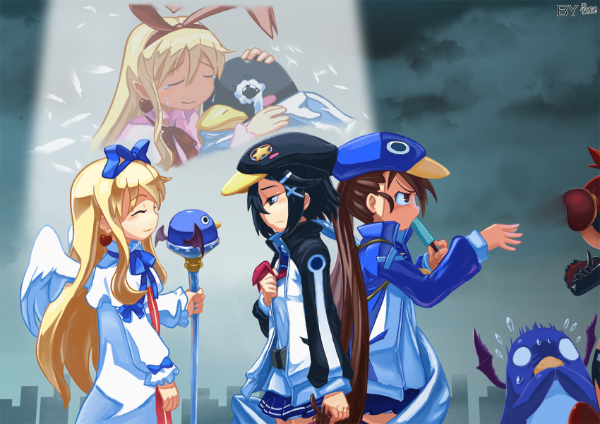 ^_^ asagiri_asagi back-to-back black_eyes black_hair blonde_hair blue_ribbon blue_skirt blush_stickers brown_eyes brown_hair character_request clenched_hand closed_eyes closed_mouth crying crying_with_eyes_open disgaea earrings eating empty_eyes facing_away feathers flat_cap flonne flonne_(fallen_angel) flying_sweatdrops food from_side frown gloom_(expression) hair_ornament hair_ribbon hand_on_own_chest hat heart heart_earrings heei_juun holding holding_another's_hair holding_food holding_staff index_finger_raised jacket jewelry kazamatsuri_fuuka long_hair looking_at_another makai_senki_disgaea_4 neck_ribbon neckerchief open_clothes open_jacket pleated_skirt pointy_ears popsicle prinny red_ribbon ribbon sideways_mouth skirt smile staff tears twintails very_long_hair white_wings wings x_hair_ornament