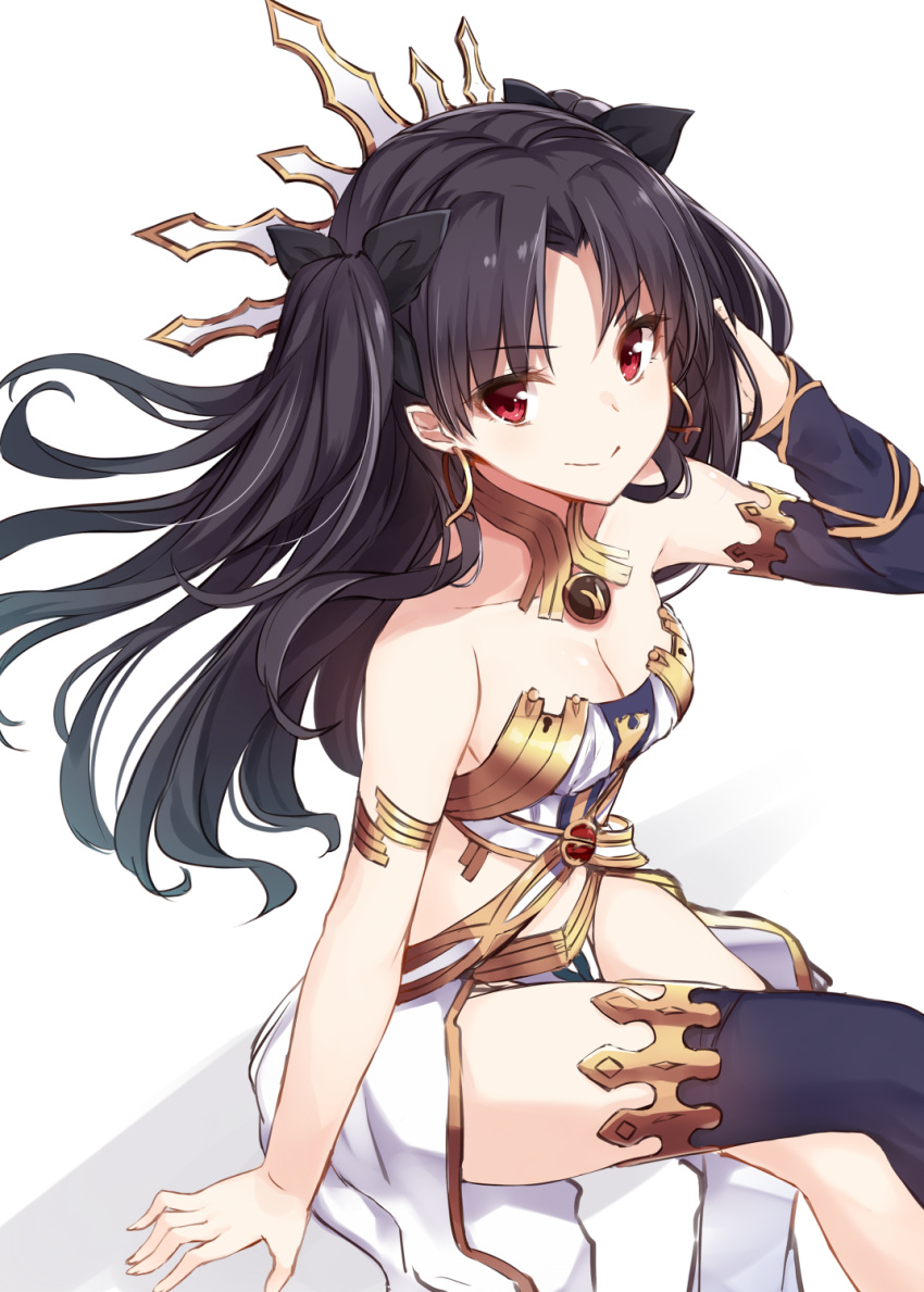 1girl adjusting_hair arm_support armlet asymmetrical_legwear asymmetrical_sleeves bare_shoulders black_hair breasts cleavage detached_sleeves earrings fate/grand_order fate_(series) female from_above gem hair_ribbon highres hoop_earrings ishtar_(fate/grand_order) jewelry legs_crossed long_hair looking_at_viewer looking_up medium_breasts neck note_(aoiro_clip) pelvic_curtain red_eyes revealing_clothes ribbon simple_background single_sleeve single_thighhigh sitting smile solo strapless thigh-highs tohsaka_rin two_side_up white_background