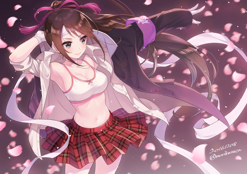 1girl 2016 armband armpits black_jacket blue_eyes bra breasts brown_hair cleavage closed_mouth collarbone collared_shirt commentary_request cowboy_shot dated dress_shirt dressing gloves hair_ribbon hand_behind_head highres jacket long_hair looking_to_the_side medium_breasts morikura_en navel open_clothes open_jacket open_shirt original outstretched_arm petals plaid plaid_skirt pleated_skirt ponytail purple_ribbon red_skirt ribbon shirt skirt sleeves_rolled_up smile solo sports_bra stomach twitter_username underwear very_long_hair white_bra white_gloves white_ribbon white_shirt