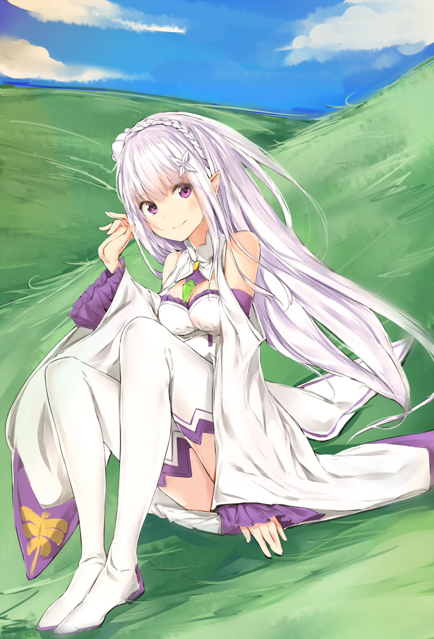 1girl bangs braid breasts closed_mouth clouds cloudy_sky crown_braid detached_collar detached_sleeves dress elf emilia_(re:zero) flower frilled_sleeves frills full_body grass hair_flower hair_ornament highres hill jewelry knees_up long_hair looking_at_viewer medium_breasts outdoors pendant pointy_ears re:zero_kara_hajimeru_isekai_seikatsu silver_(chenwen) silver_hair sitting sky smile solo thigh-highs violet_eyes white_dress wide_sleeves
