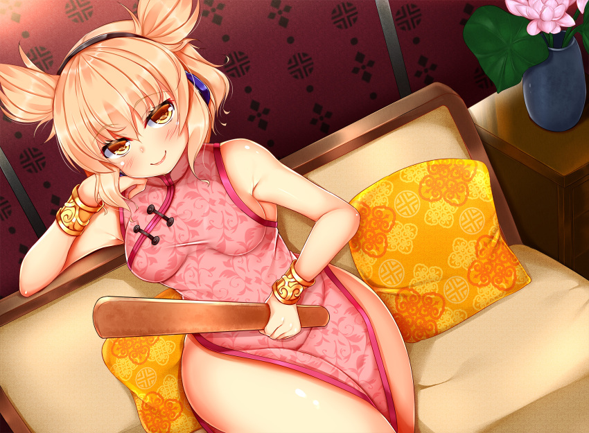 1girl bare_shoulders blonde_hair blush breasts china_dress chinese_clothes dress earmuffs highres legs_crossed lips medium_breasts pelvic_curtain pink_dress pointy_hair ritual_baton sitting sleeveless sleeveless_dress smile thick_thighs thighs tokoya_(ex-hetare) touhou toyosatomimi_no_miko wide_hips yellow_eyes