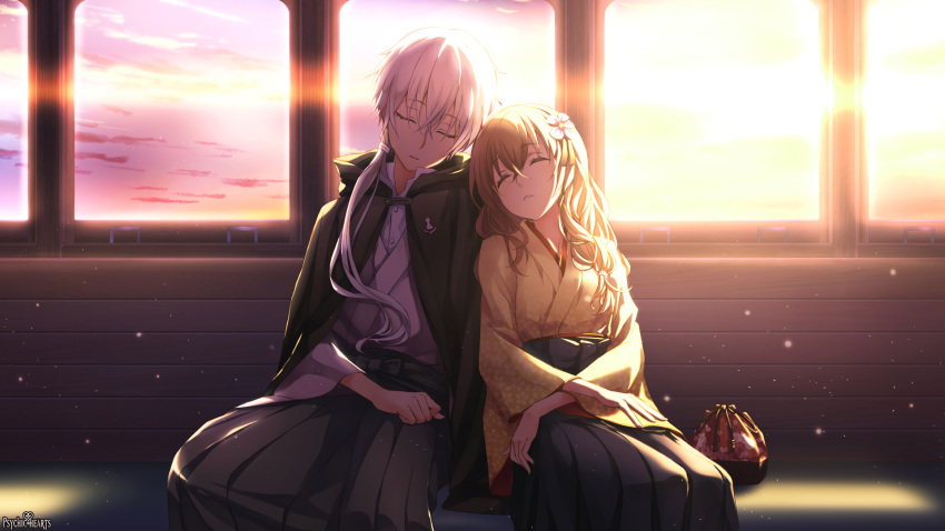 1boy 1girl brown_hair closed_eyes copyright_name eyebrows_visible_through_hair ground_vehicle hair_between_eyes hakama highres japanese_clothes long_hair psychic_hearts silver_hair sitting sleeping tokumaru train