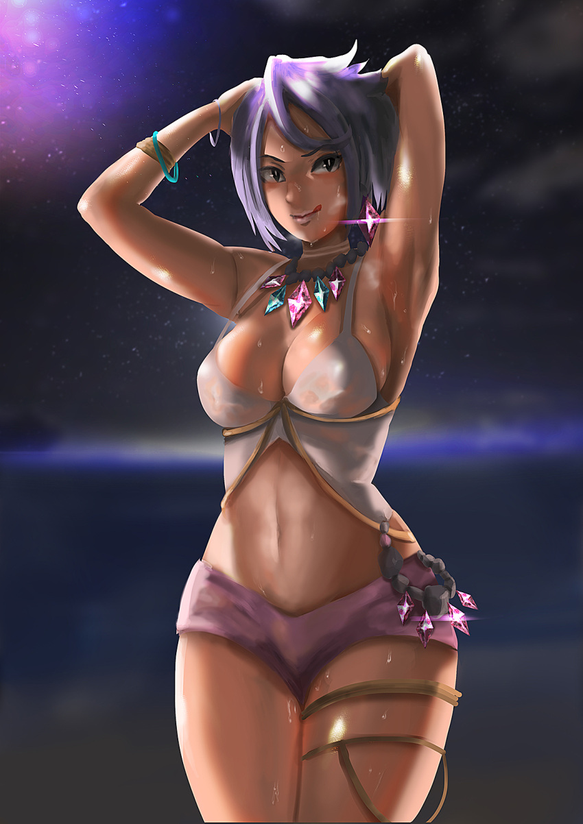 1girl :q armpits arms_behind_head arms_up atorot bangs bare_arms black_eyes black_hair bracelet breasts bright_pupils cleavage cowboy_shot curvy earrings elite_four gem highres jewelry licking_lips lipstick looking_at_viewer lychee_(pokemon) makeup medium_breasts navel necklace night night_sky no_bra ocean outdoors pink_lipstick pink_shorts pokemon pokemon_(game) pokemon_sm short_shorts shorts sideboob sky smile solo star_(sky) starry_sky strap_gap thigh_strap tongue tongue_out trial_captain water wet wide_hips