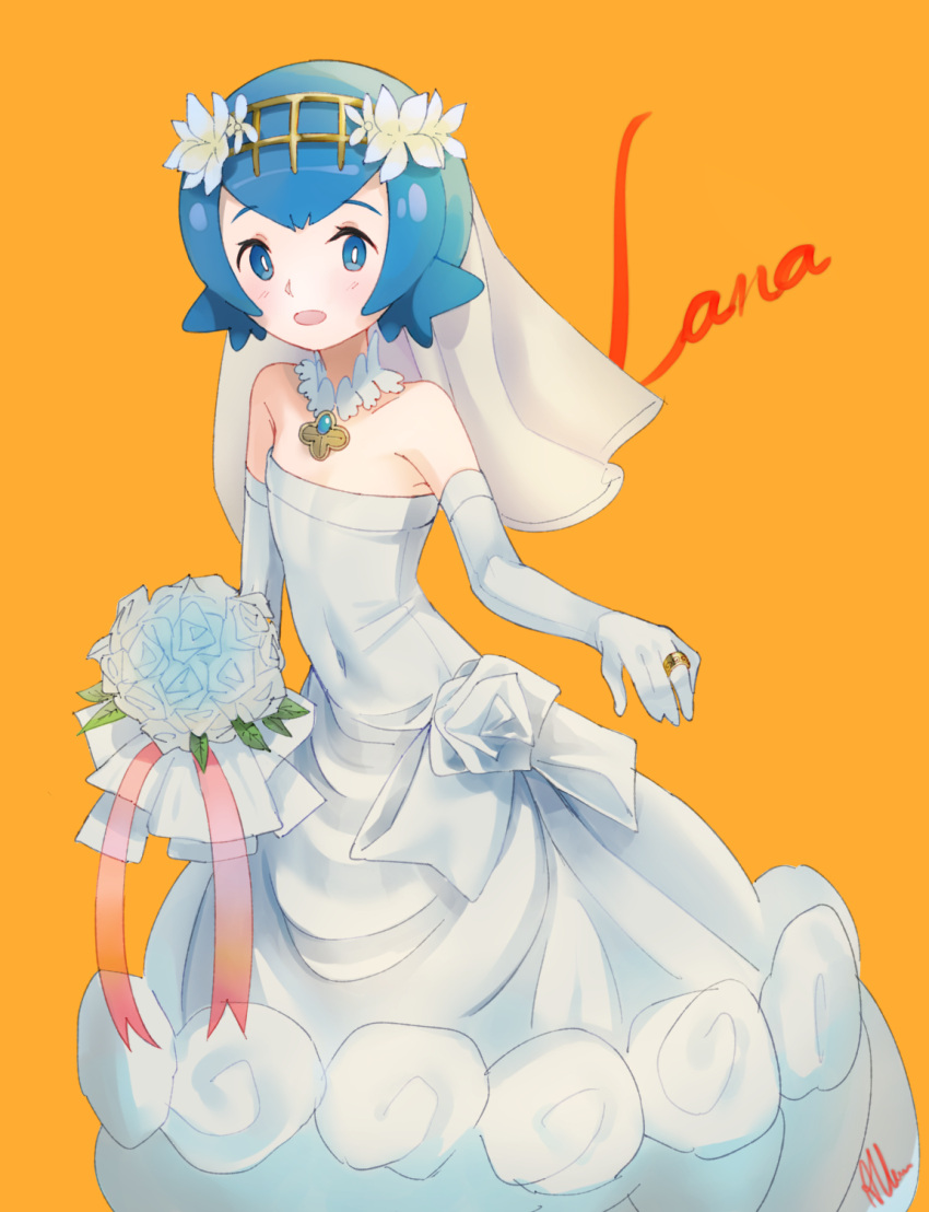 1girl albreo bare_shoulders blue_eyes blue_hair blush bouquet bridal_veil bride character_name covered_navel dress elbow_gloves flat_chest flower gloves hair_flower hair_ornament hairband highres jewelry looking_at_viewer navel necklace open_mouth pendant pokemon pokemon_(game) pokemon_sm ring rose short_hair signature solo strapless strapless_dress suiren_(pokemon) veil wedding_dress wedding_ring white_dress white_gloves white_rose wreath yellow_background