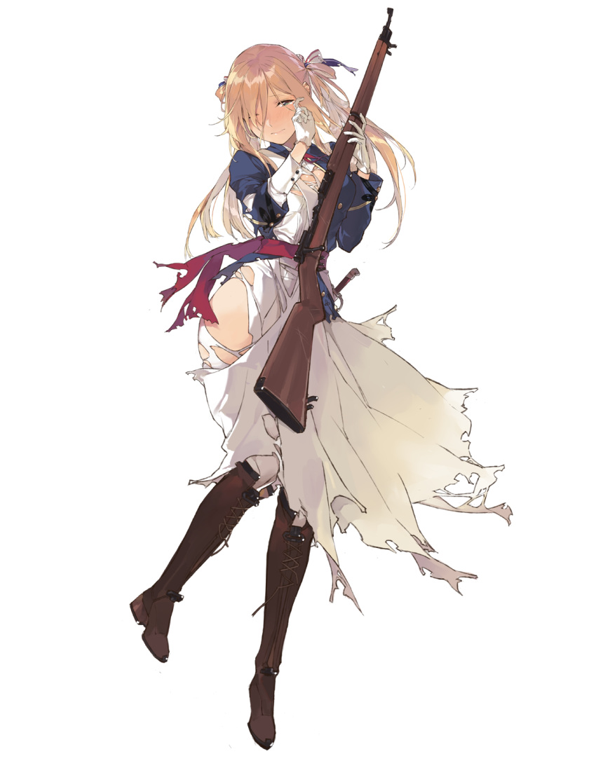 1girl blue_jacket blue_ribbon bolt_action boots brown_boots brown_hair cross-laced_footwear crying crying_with_eyes_open duoyuanjun eyebrows full_body girls_frontline gloves green_eyes gun hair_bun highres holding holding_gun holding_weapon jacket knee_boots knife lace-up_boots long_skirt looking_at_viewer m1903_springfield m1903_springfield_(girls_frontline) mid-stride official_art one_eye_closed personification ribbon rifle skirt solo standing standing_on_one_leg tears tied_hair torn_clothes torn_skirt transparent_background twintails weapon white_gloves white_skirt