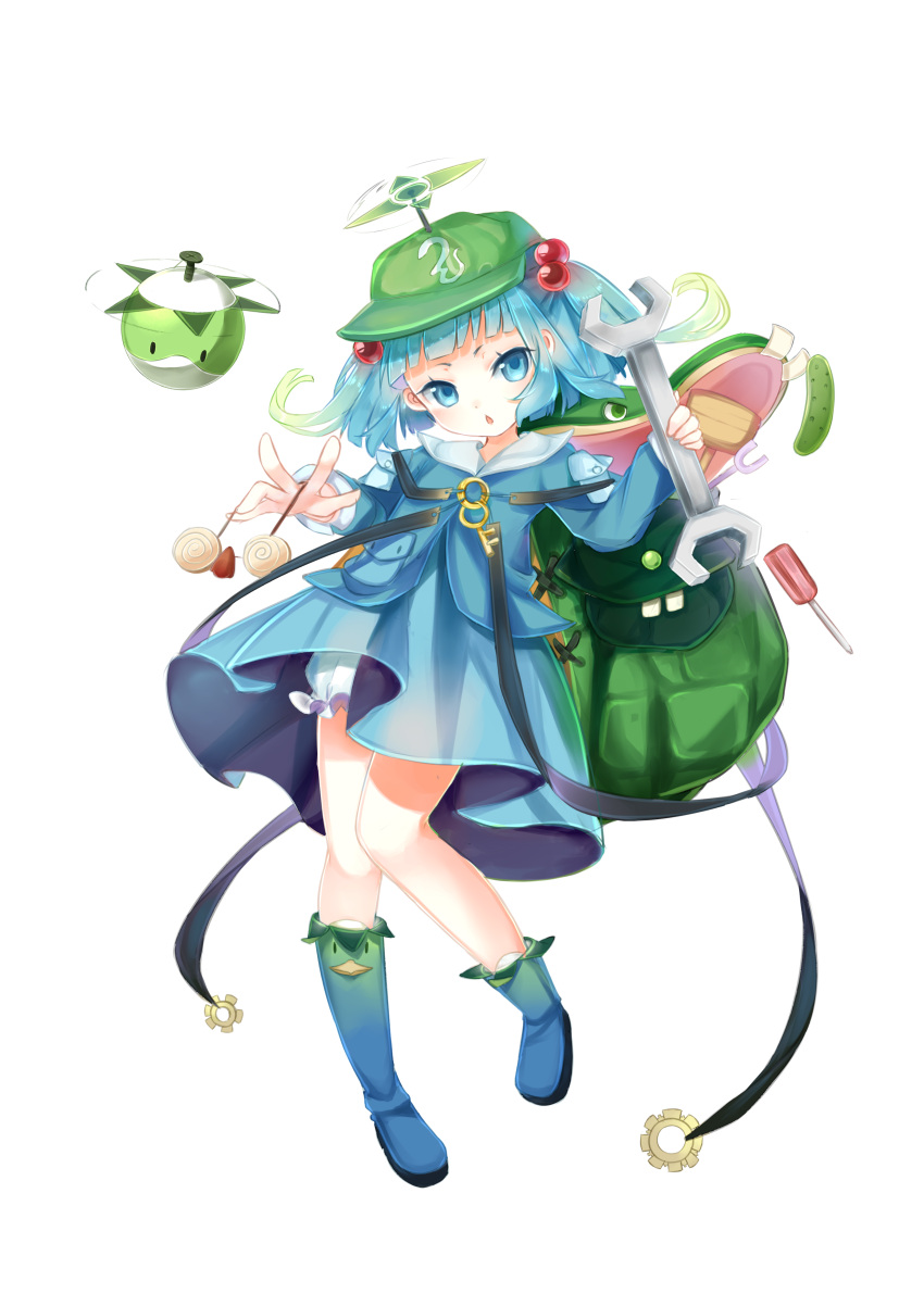 1girl absurdres aqua_hair backpack bag bangs bloomers blue_boots blue_eyes blue_hair blue_shirt blue_skirt blunt_bangs boots buttons collared_shirt cucumber dress drone floating food full_body funny_glasses glasses gradient gradient_hair green_hair hair_bobbles hair_ornament hammer hat highres holding holding_glasses kawashiro_nitori key knee_boots knees_together_feet_apart long_sleeves machine midorin121 multicolored_hair open_mouth pocket propeller_hat robot screwdriver shirt short_eyebrows short_hair skirt skirt_set solo strap touhou transparent_background two-tone_hair two_side_up underwear vegetable wrench