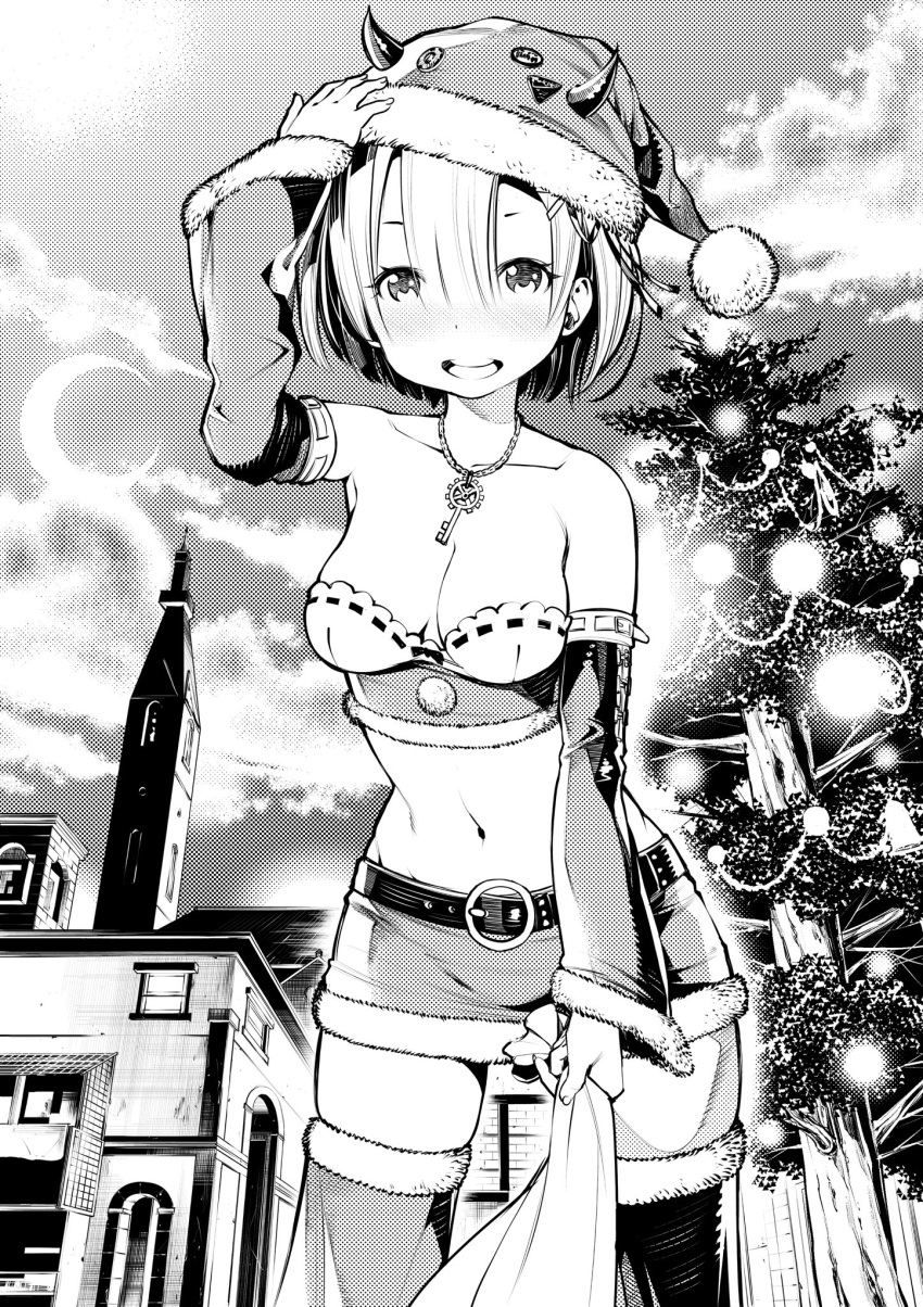 1girl alternate_costume belt breasts christmas christmas_ornaments christmas_tree female fukushima_masayasu hat highres jewelry looking_at_viewer merry_christmas monochrome moon navel necklace open_mouth outdoors plant re:zero_kara_hajimeru_isekai_seikatsu rem_(re:zero) sack santa_costume santa_hat short_hair skirt sky solo stomach town