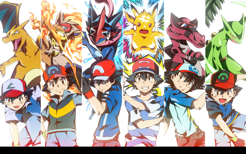 1boy :d alternate_costume arm_up baseball_cap black_hair brown_eyes charizard clenched_teeth column_lineup crossed_arms fire greninja grin hat infernape krookodile looking_at_viewer male_focus multiple_persona nintendo open_mouth pikachu pokemon pokemon_(anime) pokemon_(creature) pokemon_(game) pokemon_bw pokemon_dppt pokemon_rgby pokemon_rse pokemon_sm pokemon_sm_(anime) pokemon_xy pokemon_xy_(anime) satoshi-greninja satoshi_(pokemon) satoshi_(pokemon)_(classic) sceptile short_hair smile split_screen teeth time_paradox