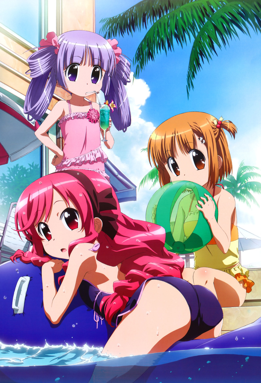 3girls absurdres amano_saki ass ball beach_umbrella bent_over brown_eyes brown_hair casual_one-piece_swimsuit child drink drinking_straw frilled_swimsuit frills hair_bobbles hair_ornament hairband hand_on_hip headband highres hips inflatable_raft kanamemo kujiin_mika long_hair multiple_girls nakamachi_kana nyantype one-piece_swimsuit outdoors palm_tree parasol pink_hair pool poolside purple_hair red_eyes redhead short_hair short_twintails sitting straw swimsuit tankini tree twintails umbrella very_long_hair violet_eyes wading water wet