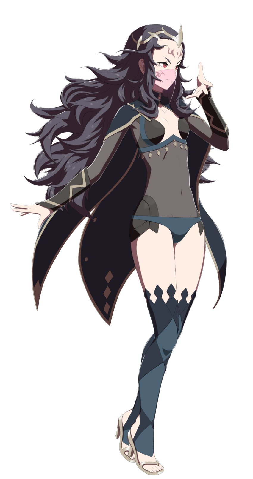 1girl absurdres artist_request black_hair bodysuit breasts cape facial_mark fire_emblem fire_emblem_if forehead_mark full_body hair_ornament highres long_hair navel nyx_(fire_emblem_if) panties red_eyes revealing_clothes simple_background small_breasts solo thigh-highs underwear very_long_hair white_background